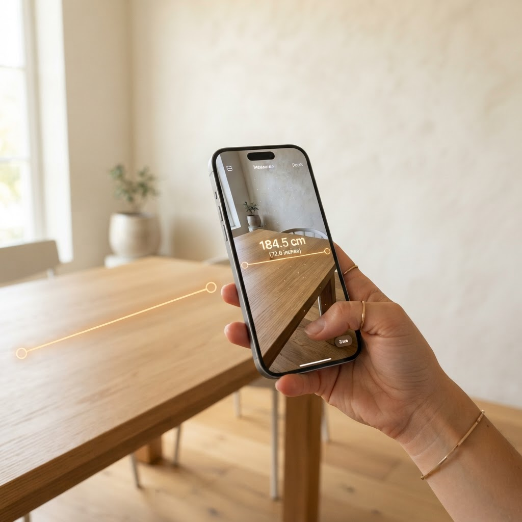 An iPhone using the Align app to measure the length of a wooden table with an augmented-reality overlay